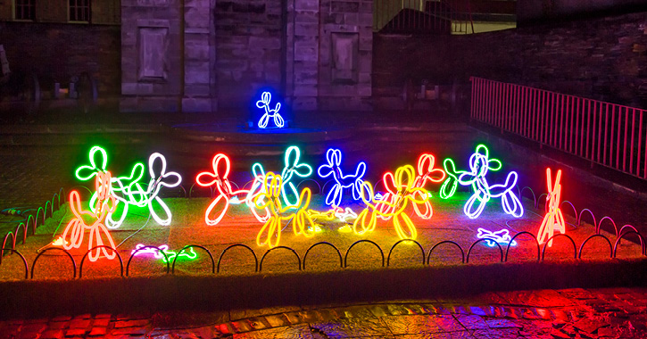 Neon Dogs art installation at Lumiere Durham